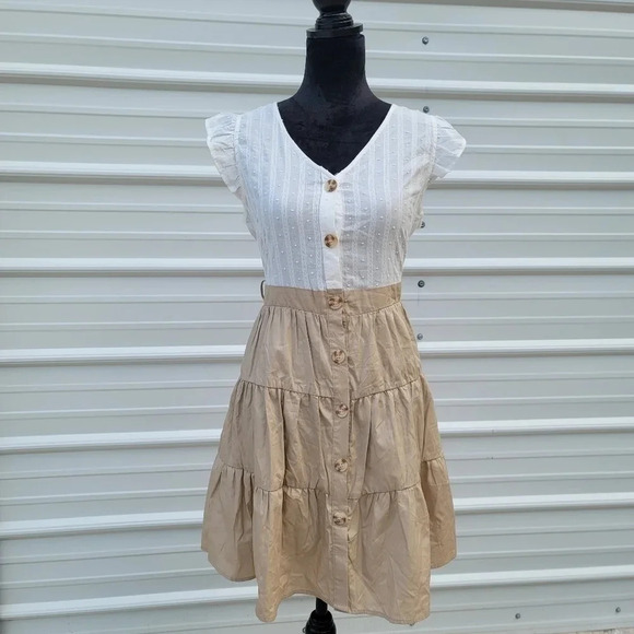 Mine Flutter Sleeve Button Down White Tan A-Lind Mini Dress Cap Sleeve Sz Large - Picture 1 of 10